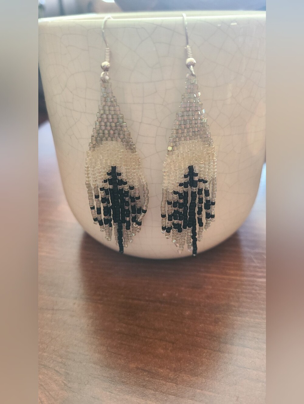 Beaded Earrings Long Handmade Black & White Irridescent Beads